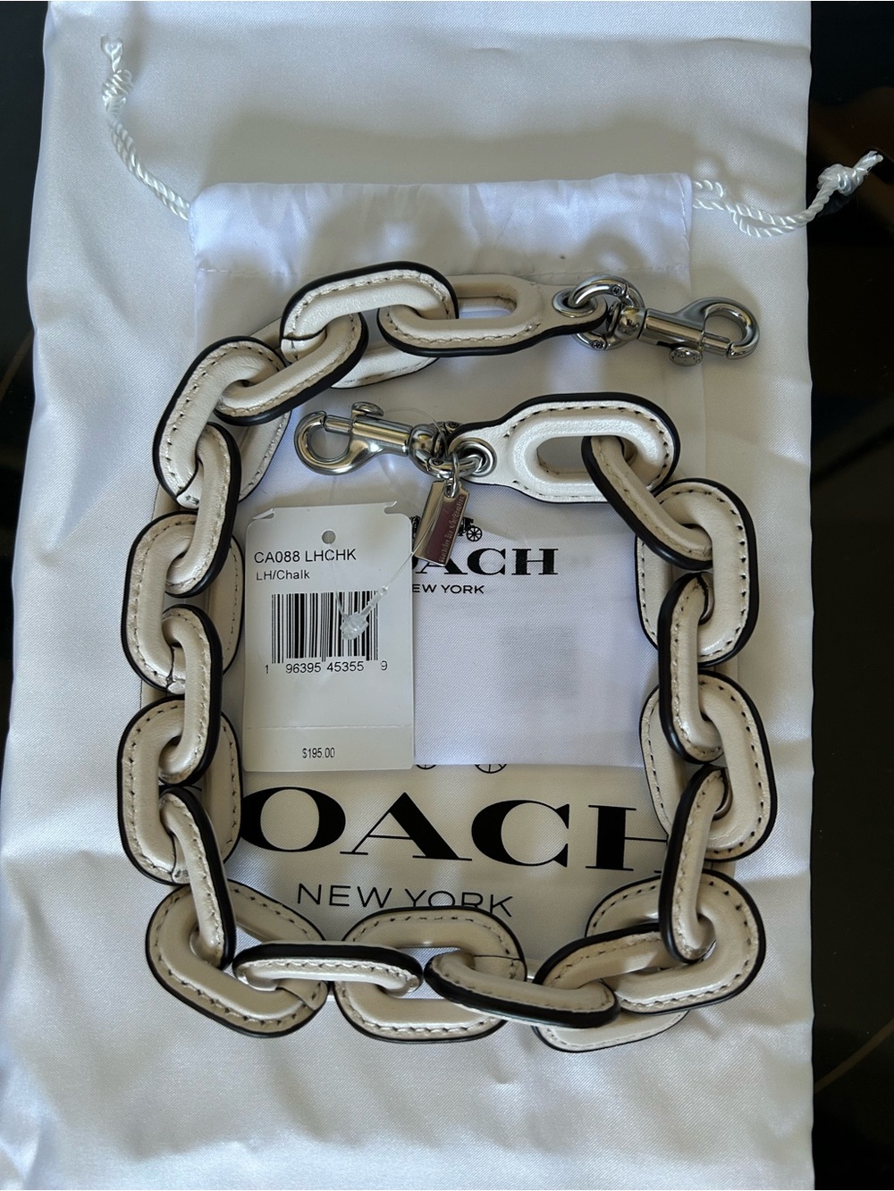 COACH Chalk and Black Leather Chain Strap with Silver Hardware